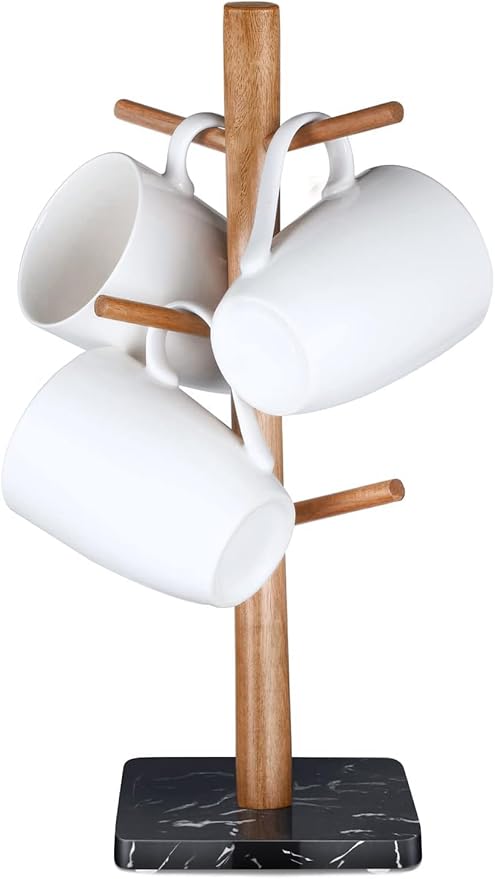 Buruis Wood Mug Holder, Marble Base Cup Rack Tree, Kitchen Coffee Mug Tree Countertop Tea Cups Holder Stand, Coffee Cup Dryer with 6 Hooks (Black)