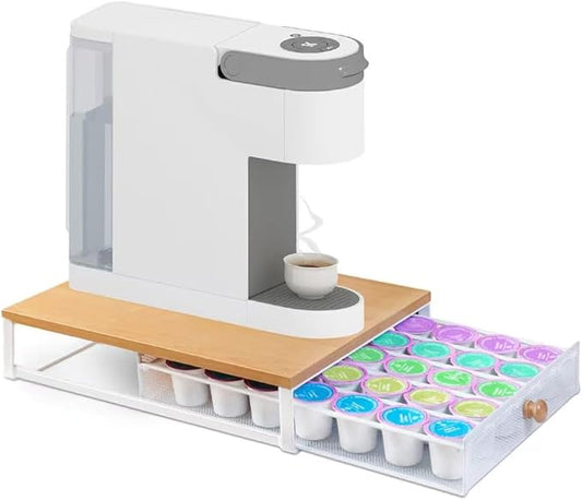 Coffee Pod Holder Counter Coffee Vertuo Capsules Storage Organizer with Sliding Drawer Compatible For K-Cup Pods Nespresso Pods No Assembly Needed Oak Color