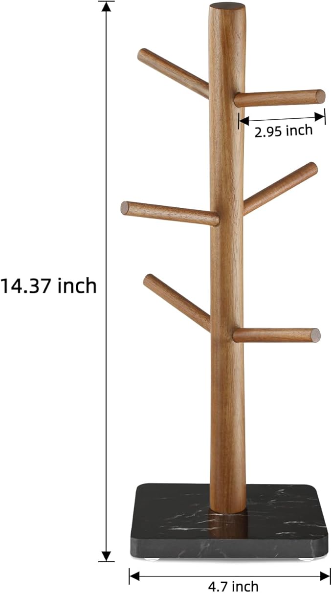 Buruis Wood Mug Holder, Marble Base Cup Rack Tree, Kitchen Coffee Mug Tree Countertop Tea Cups Holder Stand, Coffee Cup Dryer with 6 Hooks (Black)