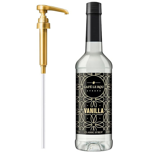 Café Le Rou vanilla classic syrup bottle with black gold geometric label and gold dispenser pump