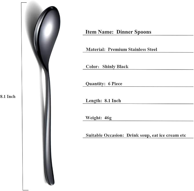 Black Dinner Spoons 6 Piece, 8.1'' Stainless Steel Tablespoons, Soup and Dessert Spoons, Silverware for Home, Kitchen or Restaurant, Dishwasher Safe
