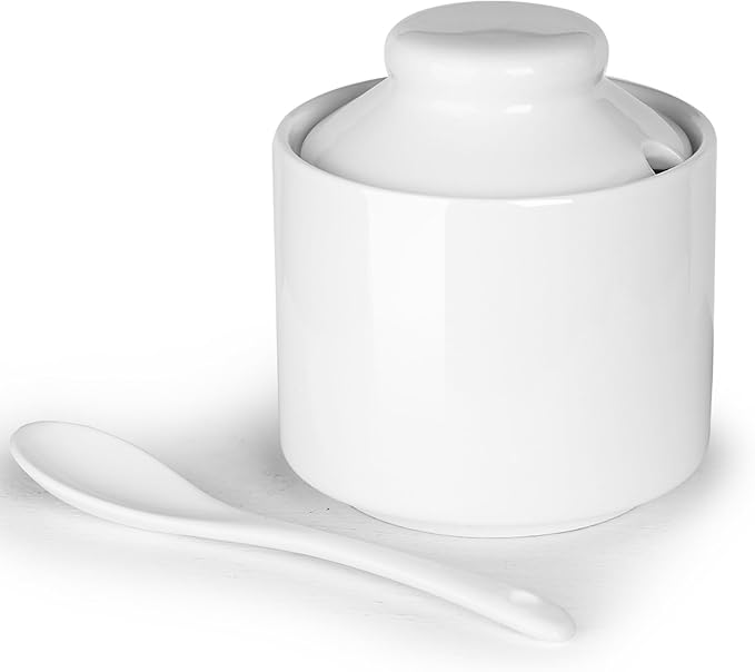 HAOTOP 8 oz Sugar Bowl with Lid and Spoon,Ceramic Sugar Jar Sugar Dispenser Sugar Container Coffee Bar Accessories, Kitchen Countertop Canisters (White)