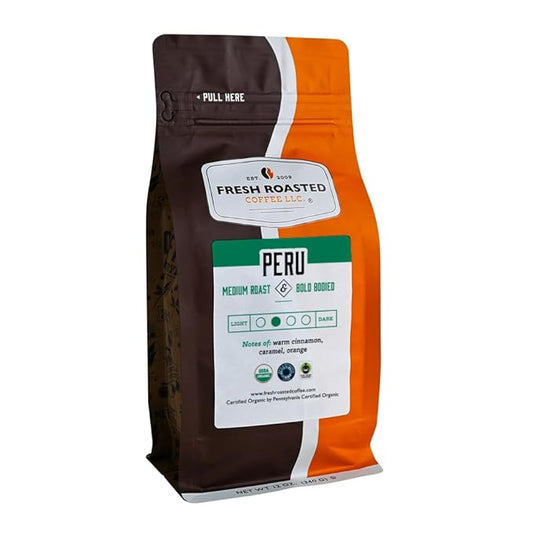 Fresh Roasted Coffee, Organic Peru | Mold & Myco 3rd Party Tested, USDA Organic, Kosher | Med Roast 12 oz Ground