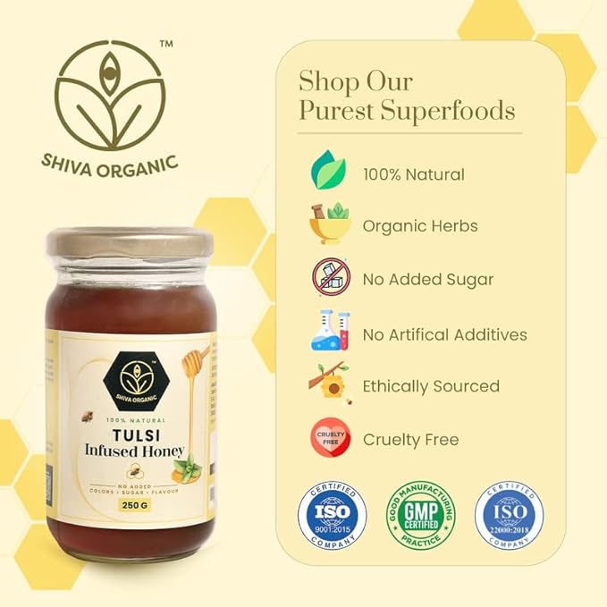Shiva Organic Tulsi (Holy Basil) Infused Honey - 100% Natural and Pure Organic Honey - GMP Certified, 8.81 Ounces (250g))