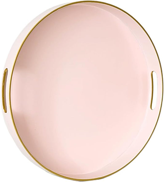 Gifturbo Matte Pink Decorative Serving Tray,Round Serving Trays with Handles, Coffee Table Tray Ottoman Round Plastic Trays for Living Room, Bathroom
