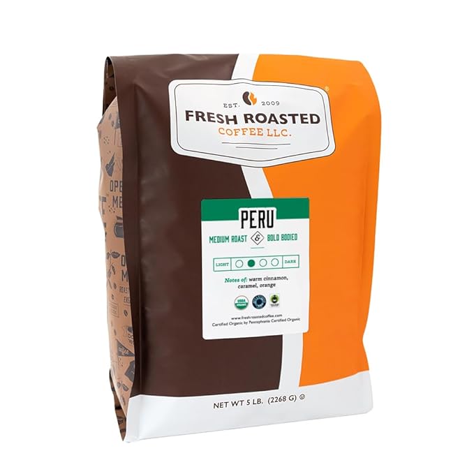 Fresh Roasted Coffee, Organic Peru | Mold & Myco 3rd Party Tested, USDA Organic, Kosher | Med Roast 5 lb (80 oz) Ground