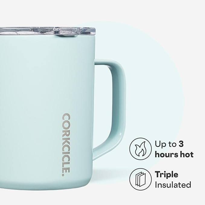 Corkcicle Classic Coffee Mug - Triple Insulated Stainless Steel for Travel - Shatter-Proof Lid - Keeps Drink Hot Over 3 Hours - Holiday Mug Gift - Great for Gifting Warmth - 16 oz - Powder Blue