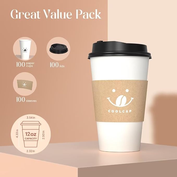 100 Pack 12oz Disposable Coffee Cups with Lids and Sleeves, To Go Paper Cups for Hot & Cold Beverages