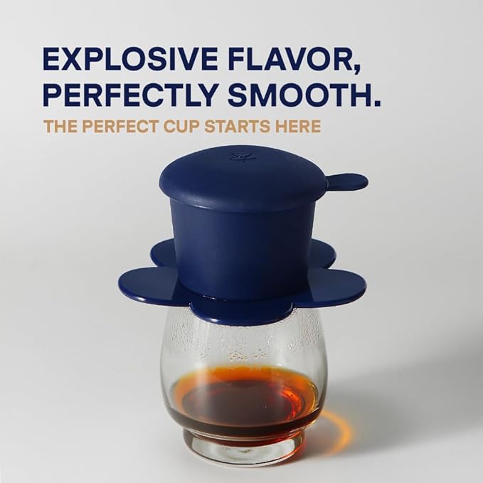 PHINOI Pour Over Coffee Dripper - Vietnamese Phin Filter – Single Cup Coffee Maker 1-2 Cup with Flower Design – Plastic Reusable Coffee Filter for Manual Brewing, Travel Friendly (Navy)