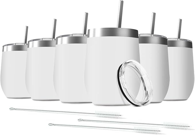 6 Pack 12 oz Stainless Steel Stemless Wine Tumbler with Leakproof Lids, Double Wall Vacuum Insulated Travel Cup Including 6 Straws set,for Coffee, Cocktail, Drink, Tea and Beer (White