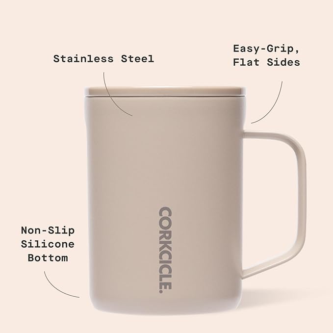 Corkcicle Classic Coffee Mug - Triple Insulated Stainless Steel Travel Mug - Shatter-Proof Lid - Easy Grip - Keeps Drink Hot Over 3 Hours - Holiday Mug Gift - Great for Gifting Warmth - 16 oz - Desert