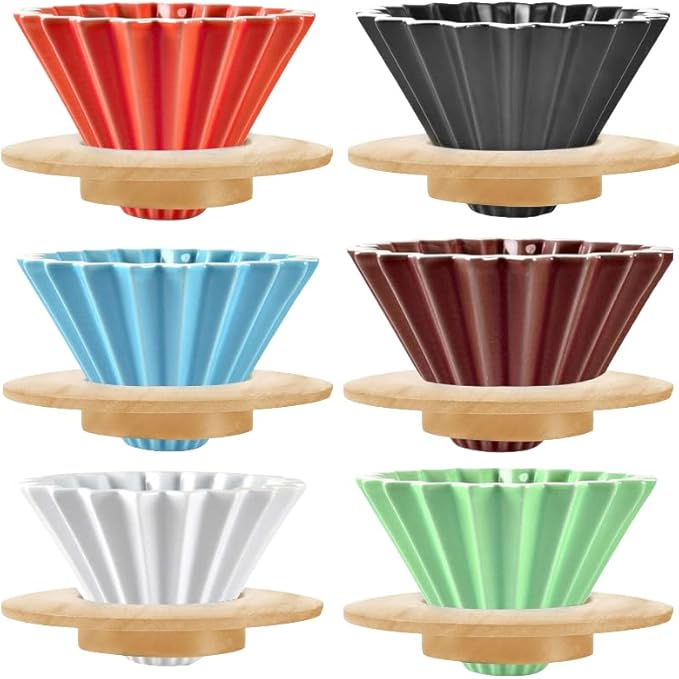 Ceramic Coffee Dripper Pour Over Coffee Maker with Wood Stand Elegant Flower Shape V60 Filter (blue)