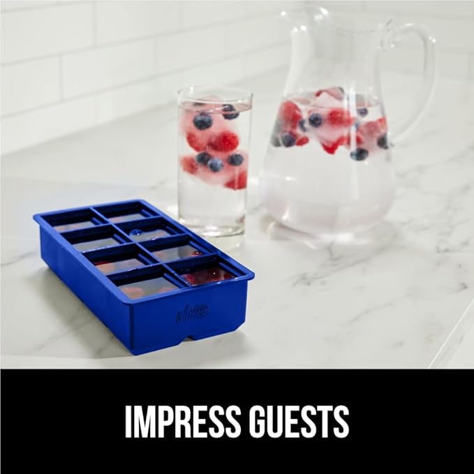 GORILLA GRIP Slow Melting Large Silicone Ice Cube Tray for Freezer, 2 Pack, Easy to Push 8 Giant Square Cubes, Use for Cocktails, Iced Coffee, Water Bottle, Puree, Kitchen Bar Essentials, Royal Blue