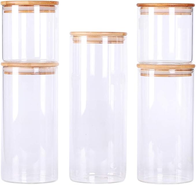 Stackable Kitchen Canisters Set, Pack of 5 Clear Glass Food Storage Jars Containers with Airtight Bamboo Lid for Candy, Cookie, Rice, Sugar, Flour, Pasta, Nuts