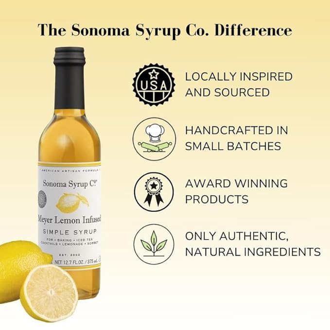 Sonoma Syrup Co. Meyer Lemon Infused Simple Syrup 12.7 fl oz | for Coffee, Cocktails, and Cooking | Hand Crafted in the USA