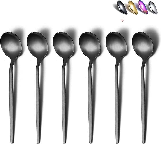 Matt Black 6 Piece Teaspoons, 6.6'' Silverware, Stainless Steel Small Spoons for Home, Kitchen or Restaurant, Dishwasher Safe