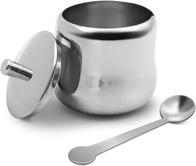 Stainless Steel Sugar Bowl, 10 OZ, 300 ml, with Lid and Spoon, Silver, Round, Geometric Pattern, Durable, Rust Resistant, Dishwasher Safe, Home and Kitchen Storage
