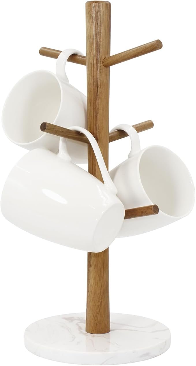 Buruis Wood Mug Holder, Marble Base Cup Rack Tree, Mug Stand Hanger, Kitchen Coffee Tree Countertop Tea Holder Stand, Coffee Cup Dryer with 6 Hooks (Round Base White)