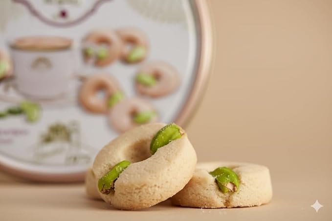 Zaitoune Ghraybeh Cookies - 9 oz | Traditional Middle Eastern Pistachio Shortbreads Handcrafted in Turkey | Beautiful Reusable Gift Tin | Perfect for Dessert | Great Sharing Present