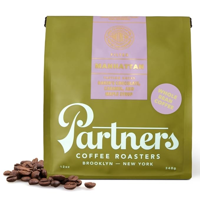 PARTNERS COFFEE ROASTERS - Whole Bean Coffee (Manhattan - Dark Roast) 12oz - Rich, Deep, & Flavorful Omniroast - Baker's Chocolate, Caramel, Maple Syrup - Coffee Beans - Roasted in New York City