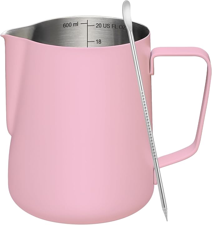 Milk Frothing Pitcher, 20 oz Milk Frother Cup with Clear Scale, 304 Stainless Steel Cappuccino Espresso Machine Accessories for Barista Coffee Bar with Latte Art Pen, Pink