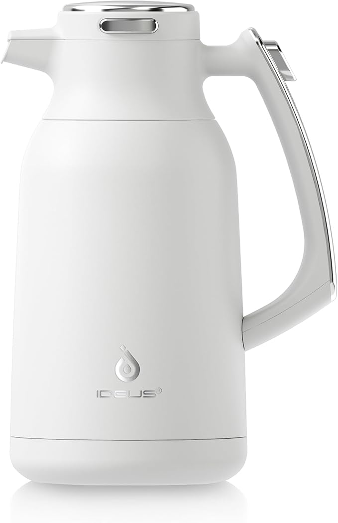 IDEUS Thermal Coffee Carafe 68oz (2,000ml), Stainless Steel Double Wall Insulated Vacuum Flask, Water Jug Coffee Server and Beverage Dispenser, Heat and Cold Retention (White-Silver, 68oz (2,000ml))