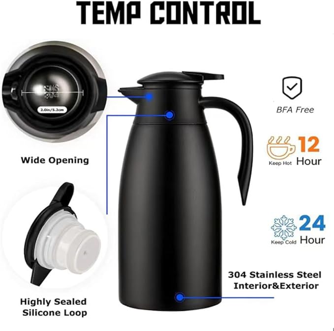 Thermal Coffee Carafe 70 oz / 2L Insulated Stainless Steel, Coffee Carafes Double Walled Vacuum Pot Flask - Hot Beverage Dispenser/Water, Tea - Keep 12/24 Hours Hot/Cold (Black)