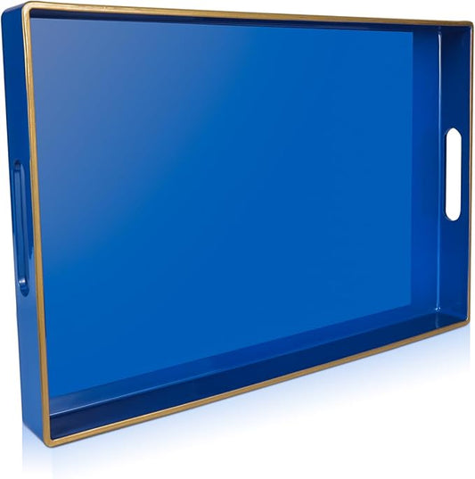 Gifturbo Blue Serving Tray,Decorative Serving Trays with Handles, Coffee Table Tray Ottoman Rectangular Plastic Tray for Living Room, Bathroom, 15.7” x 10.2” x1.37”