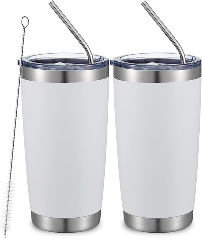 COMOOO 20oz Double Wall Vacuum Insulated Travel Mug, Stainless Steel Tumbler with Lid and Straw Durable Powder Coated Insulated Coffee Cup for Cold & Hot Drinks (White. 2 pack