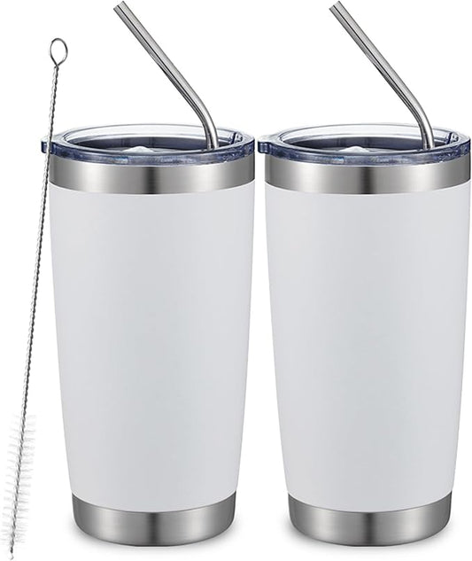 COMOOO 20oz Double Wall Vacuum Insulated Travel Mug, Stainless Steel Tumbler with Lid and Straw Durable Powder Coated Insulated Coffee Cup for Cold & Hot Drinks (White. 2 pack