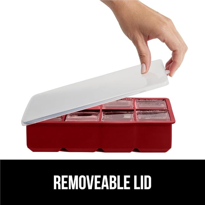 GORILLA GRIP Slow Melting Large Silicone Ice Cube Tray for Freezer, Easy to Push 8 Giant Square Cubes, Use for Cocktails, Iced Coffee, Water Bottle, Frozen Puree, Kitchen Bar Essentials, 1 Pack, Red
