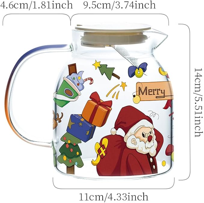 JIDOC 1100ml/37.68oz Christmas Glass Pitcher with Lid,Iced Tea Pitcher Carafe for Coffee, Juice, Lemonade and Milk