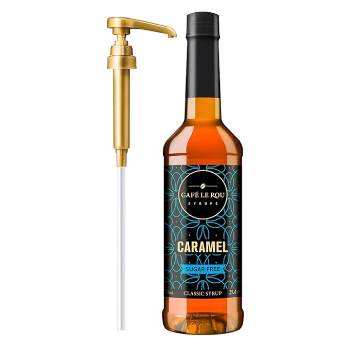 Café Le Rou sugar-free caramel syrup bottle with gold dispenser pump on white background