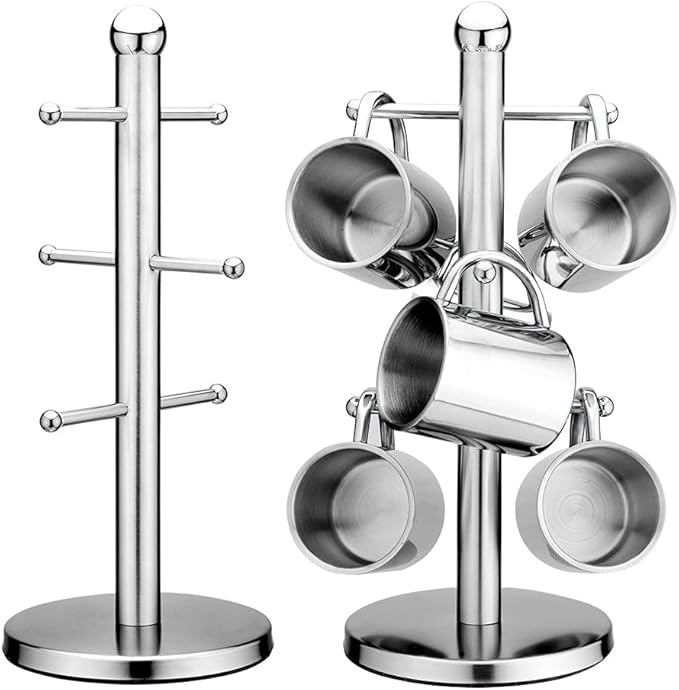 Stainless Steel Tree Shape Mug Rack Tree Tea Cup Storage Holder Stand Home Mug Hanging Display Drinkware Shelf 6 Hooks