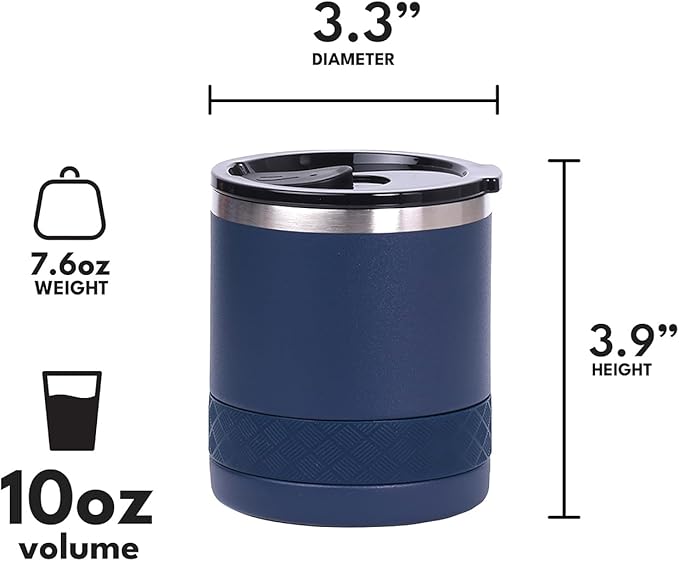 Elemental Recess Lowball Tumbler, 10oz Triple Wall Stainless Steel Cup with Non-Shattered Tritan Lid, Insulated Whiskey Glass, Insulated Coffee Tumbler Mug for Hot & Cold Drinks - Navy Blue
