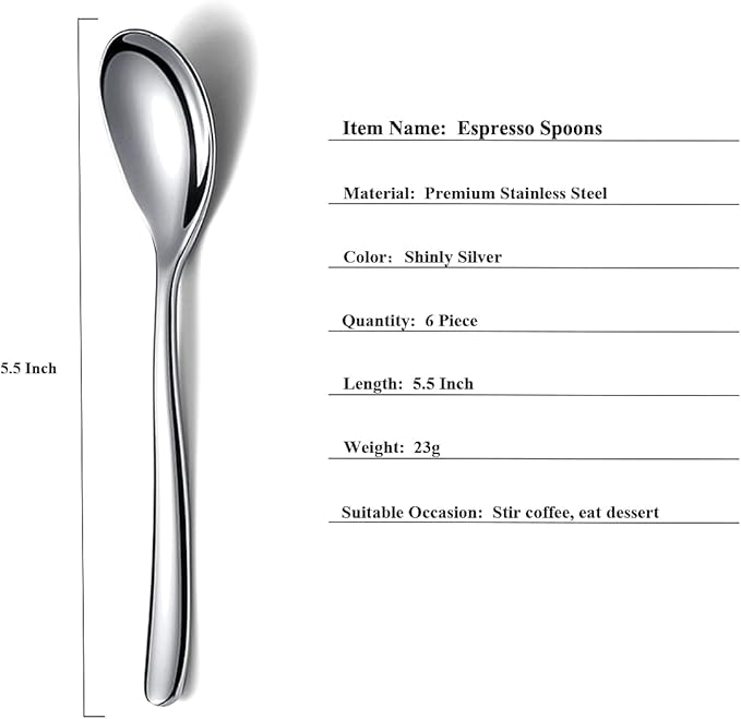 Demitasse Espresso Mini Spoons, 5.5'' Stainless Steel, Set of 6, Dishwasher Safe (Silver)