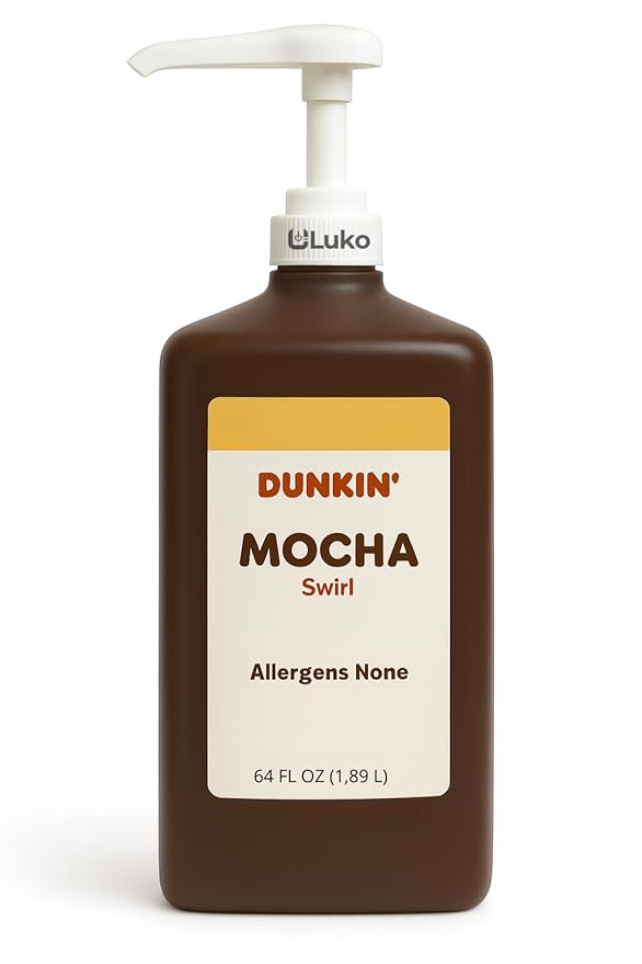 Dunkn Donnuts Mocha Syrup for Coffee, 64 oz Jug – Rich Chocolate Flavoring for Lattes, Iced Coffee, Frappes, Hot Drinks & More – Barista-Style, Commercial-Grade Syrup