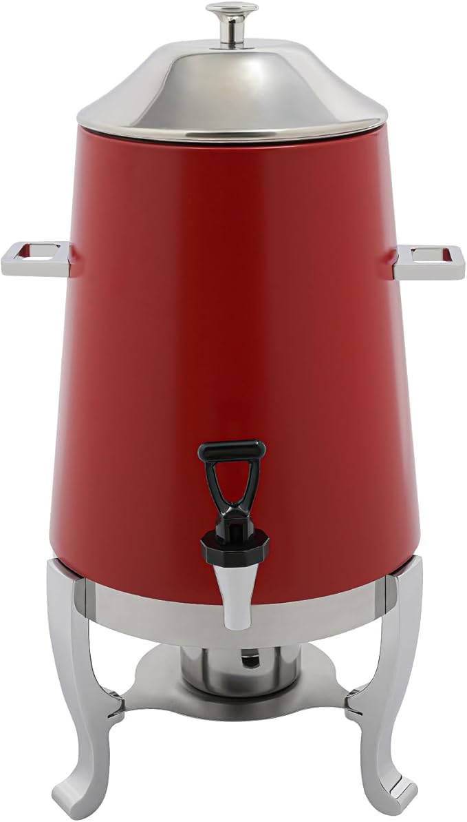 Stainless Steel Beverage Dispensers, Drink Dispenser with Fuel Holder & Base & Stainless Steel Faucet 3.4Gal Hot Beverage Dispenser, Commercial Coffee Urn for Hotels, Canteens（Silver, Red）