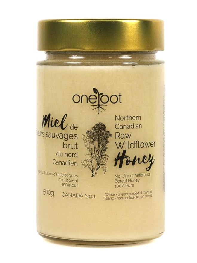 Oneroot 100% Canadian Wildflower Honey - 1.1 lbs, Unheated & Creamed - Nutrient-Rich, Natural Sweetener with Enzymes - Thick & Pure Raw Unfiltered Honey