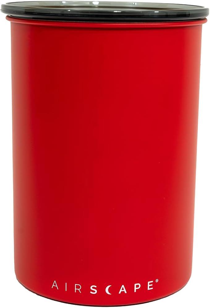 Planetary Design Airscape Stainless Steel Coffee Canister | Food Storage Container | US Patented Airtight Lid | Push Out Excess Air Preserve Food Freshness (Medium, Matte Red)