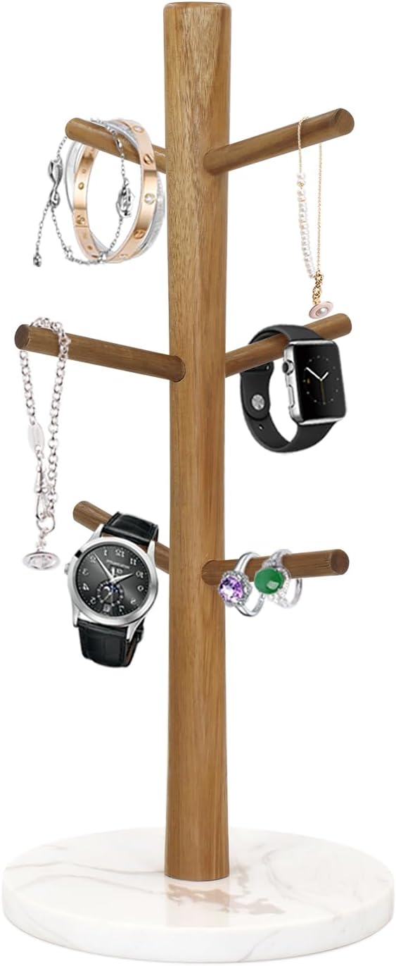 Buruis Wood Mug Holder, Marble Base Cup Rack Tree, Mug Stand Hanger, Kitchen Coffee Tree Countertop Tea Holder Stand, Coffee Cup Dryer with 6 Hooks (Round Base White)