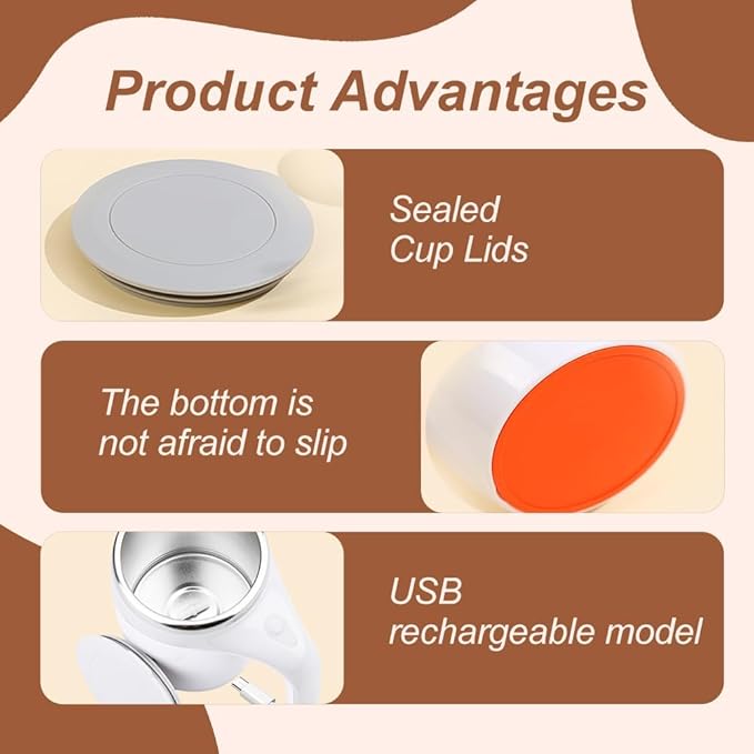 Automatic Magnetic Stirring Coffee Mug - Rechargeable Stainless Steel Portable Cup for Coffee Milk Tea Hot Chocolate (Brown-Battery)