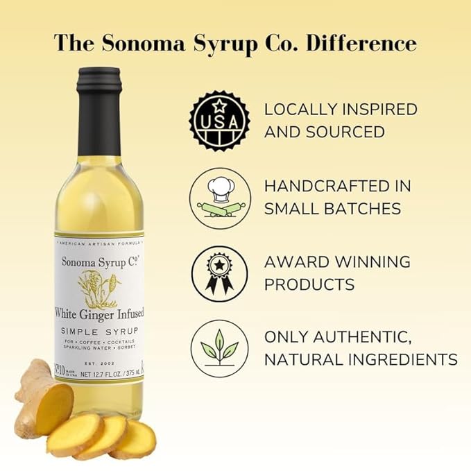 Sonoma Syrup Co. White Ginger Infused Simple Syrup 12.7 fl oz | for Cocktails, Tea, and Baking | Hand Crafted in the USA