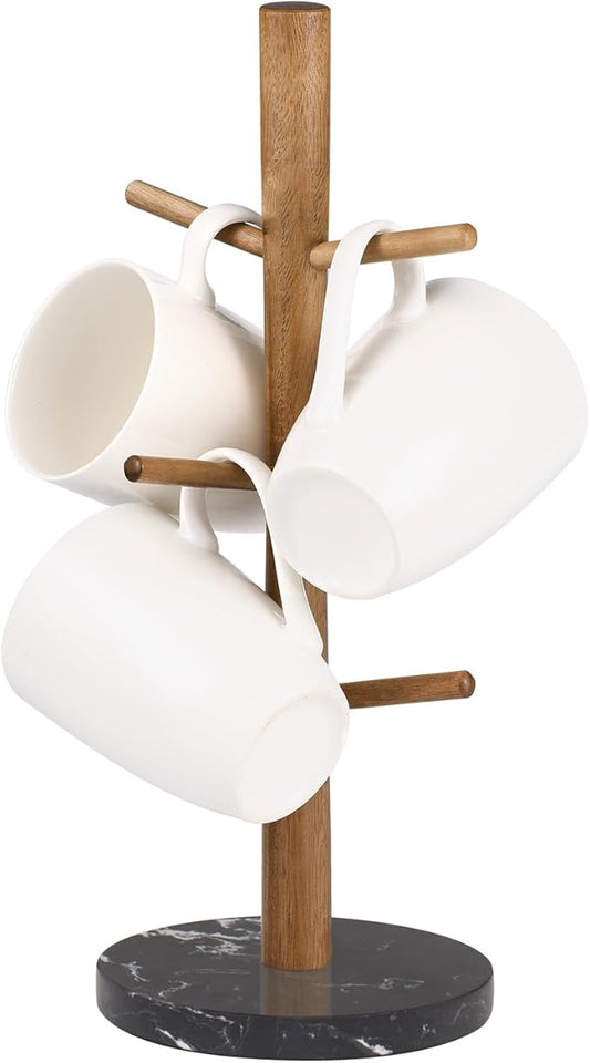 Buruis Mug Holder, Acacia Wood & Marble Base, 6 Hooks Kitchen Countertop Coffee Tea Cups Organizer