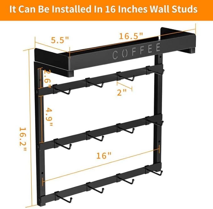 RCHYFEED Coffee Mug Holder Wall Mounted, Mug Rack Organizer for Home Kitchen Display and Collection, Metal Cup Holder Mug Tree with Adjustable 12 Hooks and Storage Shelf for Coffee Pods Sugar Bags