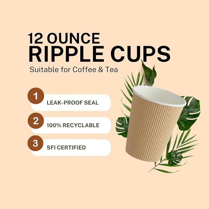 Ripple Paper Cups for Coffee & Tea Made in USA | Bulk for Home, Office, Restaurants & Coffee Shops | Recyclable, Insulated, & Disposable To-Go Cups for Hot Beverages (12oz - 500 Count)