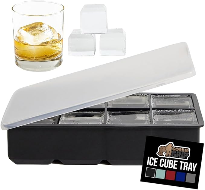 GORILLA GRIP Slow Melting Large Silicone Ice Cube Tray for Freezer, Easy to Push 8 Giant Square Cubes, Use for Cocktails, Iced Coffee, Water Bottle, Frozen Puree, Kitchen Bar Essentials, 1 Pack, Black