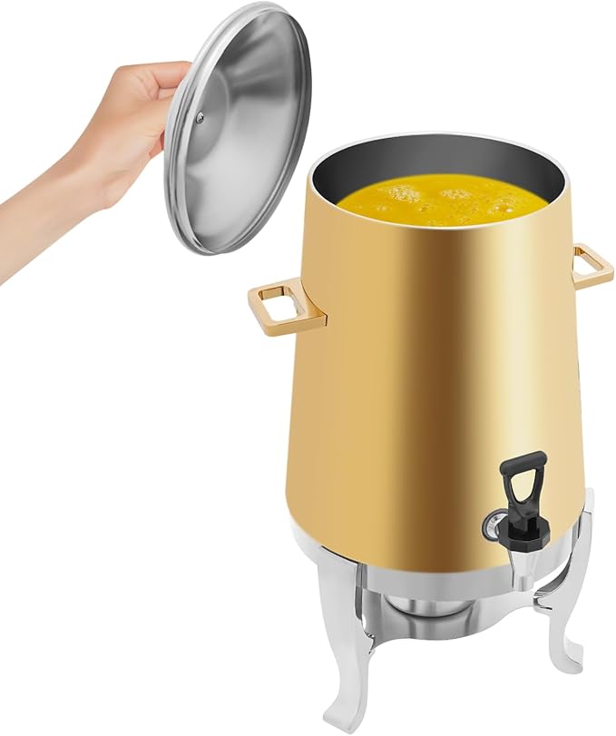 Stainless Steel Beverage Dispensers, Drink Dispenser with Fuel Holder & Base & Stainless Steel Faucet 3.4Gal Hot Beverage Dispenser, Commercial Coffee Urn for Hotels, Canteens（Golden Barrel Body）