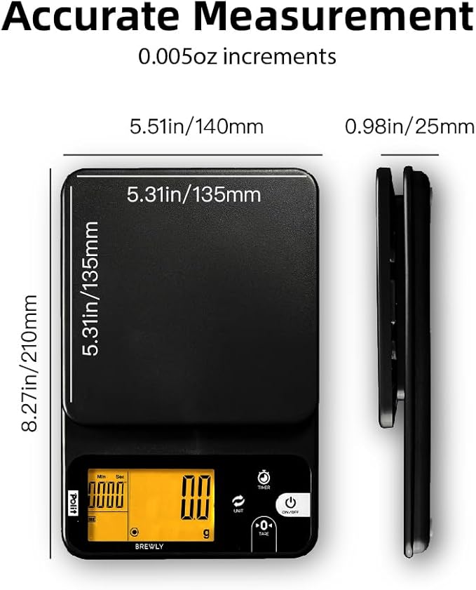 Polit Brewly Digital Coffee Scale with Timer｜6.6lb/3000g Espresso Scale 0.1g/0.005oz Triple-Range Precision｜USB-C or Battery｜Dual Timer Modes｜Small Travel Kitchen Scale for Pour-Over, Brewing & Baking