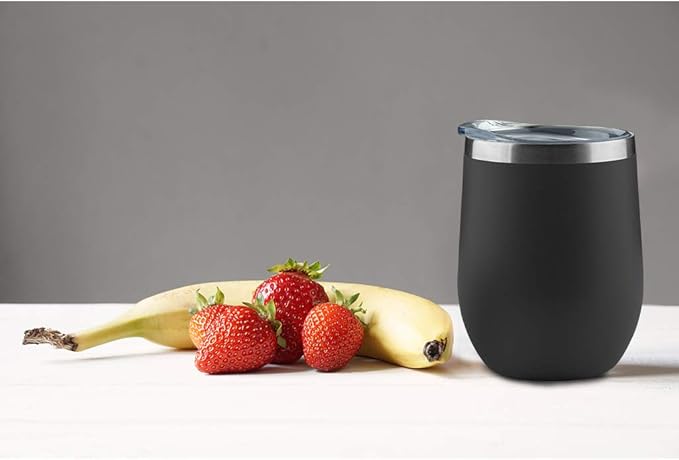 MEWAY 12oz/4 Pack Wine Tumbler Glasses with Lid - Stemless Double Wall Vacuum Stainless Steel Travel Tumbler - Keeping Cold & Hot for Wine,Coffee,Cocktails,Drinks-Family and Gifts (Black,Set of 4)